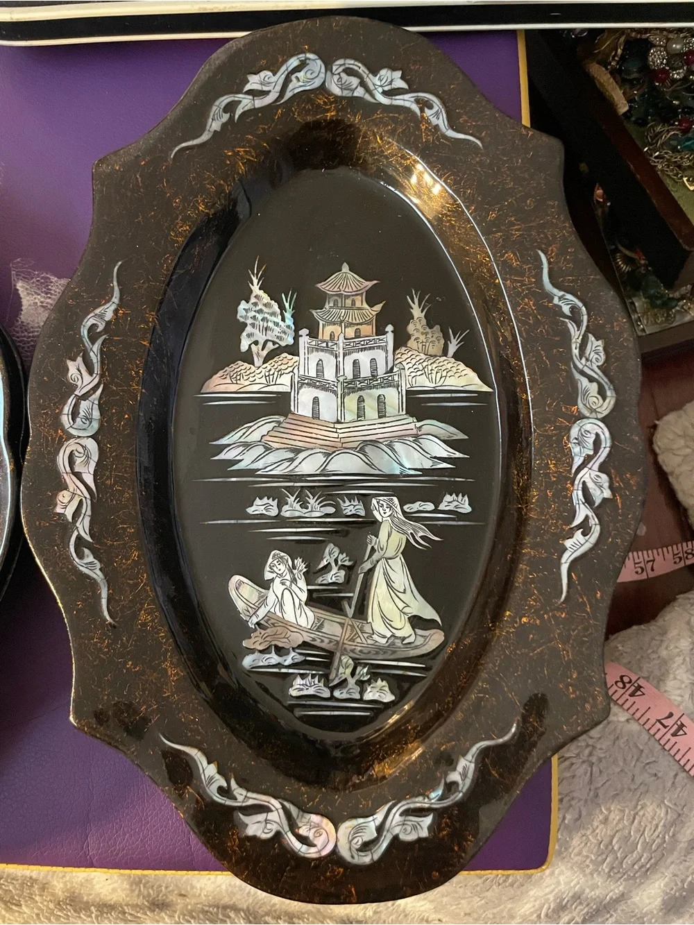 Hand-Painted Black Lacquer Decorative Serving Trays with Mother-of-Pearl Inlay
